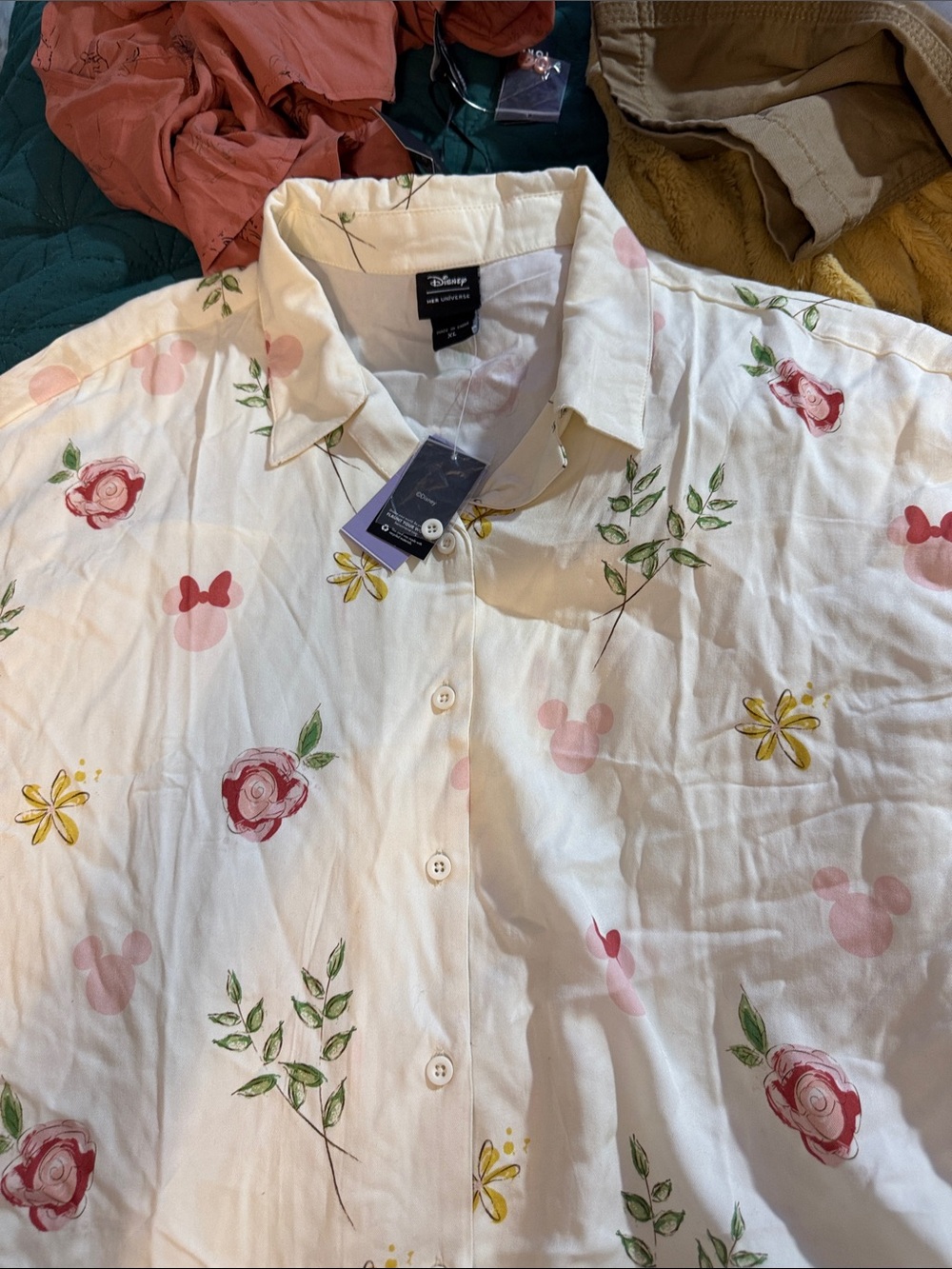 Disney White Button-Up Shirt with Pink & Green Floral Mickey Motif